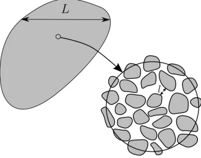 Figure 2.1 – Illustration of the disparate scales in a homogeneous porous medium. l is the lengthscale at microscale and L the lengthscale at macroscale.