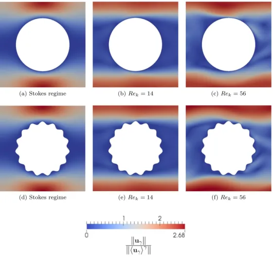 Figure 3.10 – Norm of the velocity fields in the domains Ω s (top) and Ω γ (bottom).