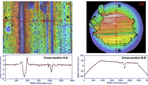 Fig. 11. 3D morphologies and depth proﬁles of the worn samples: (a). plate sample; (b)