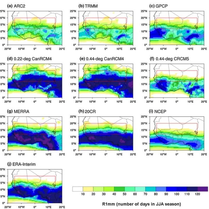 Figure 5 displays the comparison of 11-year average val- val-ues of wet day’s occurrence index (i.e