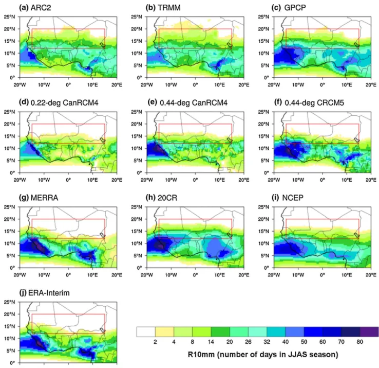 Fig. 7   Same as Fig. 5 but for the R10mm index (in number of days)