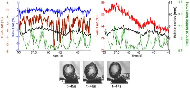 Fig. 4. Wall temperature and bubble size and height evolutions for q = 2 . 92 W / cm 2 , P = 1 