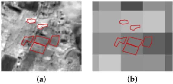 Figure 1. Digitalized grasslands (in red) from the dataset used in this study on (a) a Sentinel-2 image (10-m pixel resolution) and (b) a MODIS image (250 m).
