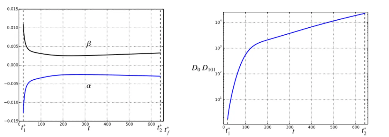 Figure 4: Evolution of the quantities α(·), β(·) and D 0 (x(·)) D 101 (x(·)) along the singular arc