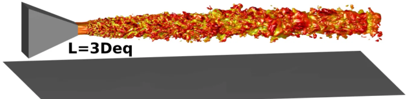 Figure 2. Isosurfaces of density for the value 0.7 kg.m − 3 colored by the local Mach number for JetL3.The nozzle and the plate are in darkgrey.