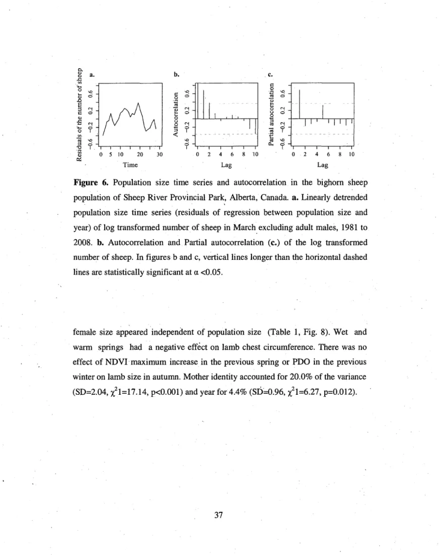 Figure 6. Population size time series and autocorrelation in the bighorn sheep  population of Sheep River Provincial Park, Alberta, Canada, a