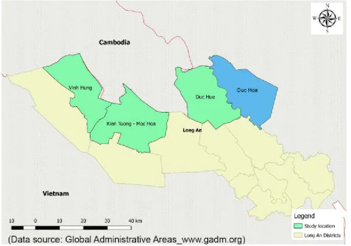 Figure 1: Map of study zone showing location of four districts in Long An province,  South Vietnam 