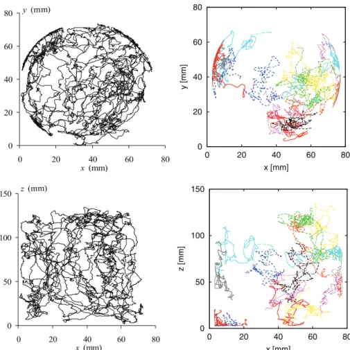 Fig. 8. Projections of particle trajectories in x –y plane (top) and x –z plane (bottom)