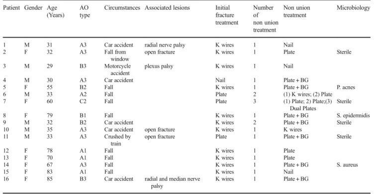 Table 1 Epidemiological characteristics of the 16 patients with persistent nonunion of the humeral shaft from the initial fracture treatment to the first attempt to resolve the nonunion