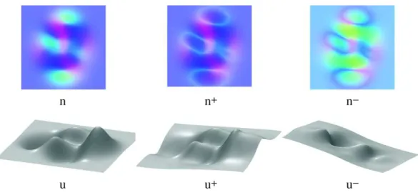 Fig. 6. Top: RGB-encoded normal fields (n is the ground truth, n + and n − are the normal fields estimated by Eq