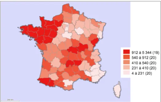 Figure 3 : Nombre de juments saillies par département en France en 2015  Source : IFCE, Haras-Nationaux 2016 