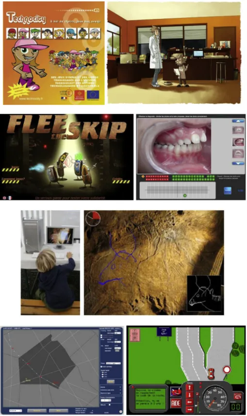 Fig. 1. Pictures of the 7 examples of Serious Games: Line 1: Technocity, ECSPER, Line 2: Flee the Skip, Dentistry Kid, Line 3: Gargas, Line 4: ATC and Auto Junior.