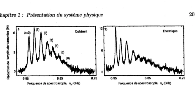 FIG URE  1.8 ~ Distribution de fréquence du qubit due au clivage de nombre. Les résultats pour  une distribution cohérente (a) et pour une distribution thermique (b) de photons, avec le même  nombre moyen sont  représentés