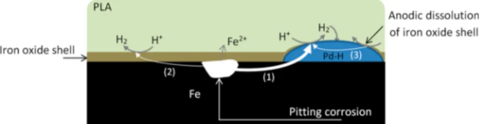 Figure 1. Schematic representation of the diﬀerent corrosion currents which ﬂow within nPd/μZVI