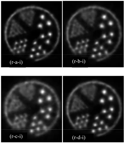 Fig. 6.6 Isocount images of an ultra-micro-Derenzo phantom with ~42.3×10 6  events. (r-a-i) Doublets only,  with a ~360-660 keV energy window; (r-b-i) doublets only with an extended 255-660 keV window; (r-c-i)  triplets only, singles low energy threshold o