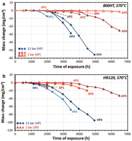 Fig. 2 Mass changes versus exposure time during metal dusting tests for a 800HT and b HR120 alloys