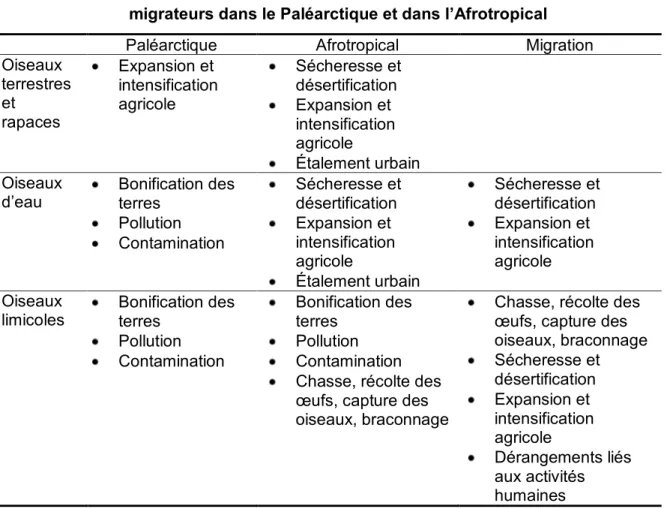 Tableau 1.3  Facteurs  identifiés  comme  responsables  du  déclin  des  oiseaux  migrateurs dans le Paléarctique et dans l’Afrotropical 