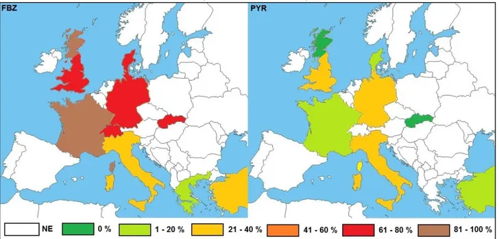 Figure 9 : Carte représentant la prévalence des structures où des phénomènes de résistances ont  été avérés en Europe (réalisation personnelle) 
