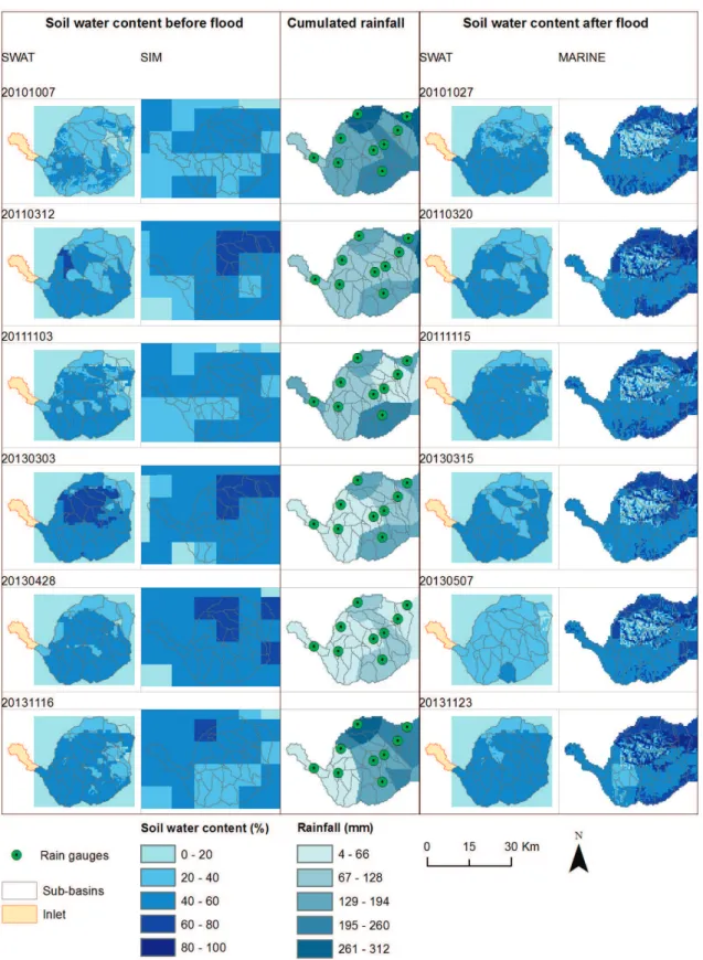 Figure 6. Soil water content (%) before and after the floods, and cumulative rainfall (mm) during the six major flood events in the Têt River basin from 2009 to 2013