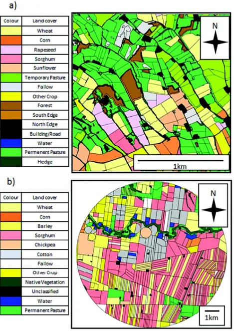 Fig. 6. Digitized GIS shapeﬁles of both the VCG (a) and BWN (b) landscapes. The land uses represented are based on the ﬁeld  ob-servations of the years 2011 (VCG) and 2012 (BWN).