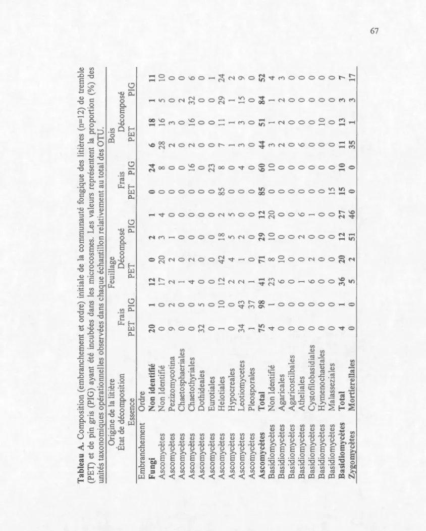 Tableau A. Composition (embranchement et ordre) initiale de la communauté fongique des litières (n=12) de tremble  (PET) et de pin gris (PlG) ayant été incubées dans les microcosmes