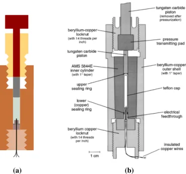 Figure 2.4 a) Schematic view of the self-clamped pressure cell that we used (simplified)