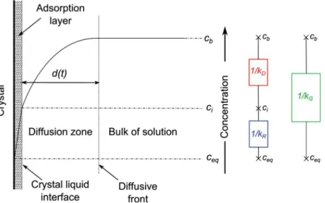 Fig. 1. Modelling of crystal growth according to the reaction and diffusion theory. Three zones are defined depending on the evolution of the solute concentration: the stagnant film at the crystal/liquid interface, the bulk solution with a constant concent