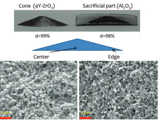 Fig. 5. Deformed interfaces method applied to a CoNiCrAlY turbine blade shape, a) target shape, b) obtained shape after SPS densiﬁcation.