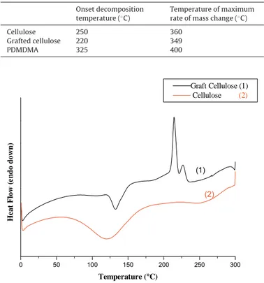 Fig. 10. DSC thermograms (2 nd run) of samples of cellulose and cellulose-g- cellulose-g-PDMDMA.