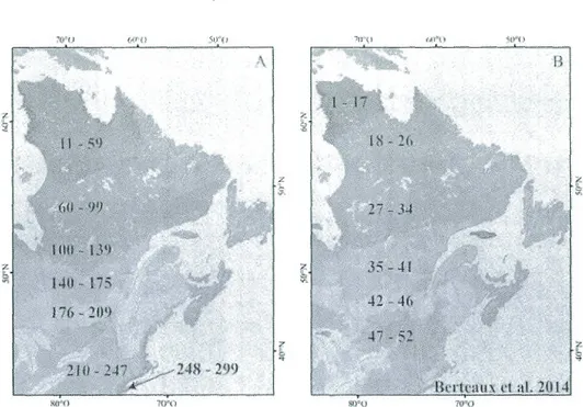 Figure  1.2  Gradient de  la richesse  spécifique des  oiseaux  (A)  et des  matmnifères  (B)  au Québec