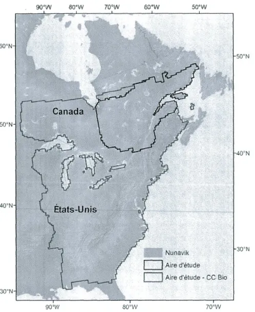Figure  1.6  Représentation  cartographique des  zones  d'étude du  doctorat.  Le Nunavik  (en  vert)  est  l'aire  d ' étude utilisée  au  chapitre II  sur  la  cogestion  adaptative  des  aires  protégées  dans  le  contexte  des  changements  climatique