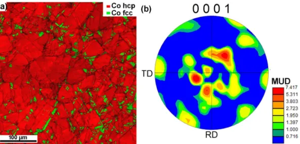 Fig. 1. EBSD analysis of polycrystalline cobalt: (a) distribution of hcp and fcc phases and (b) corresponding pole ﬁgure showing the basal {0001} texture of the hcp phase.mainly  related  to  nanocrystalline  samples [19],  thin  ﬁlms [20],  and 