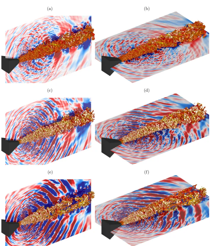 Figure 8. Isosurfaces of density colored by the Mach number for (a,b) JetTR1, (c,d) JetTR2 and (e,f ) JetTR3