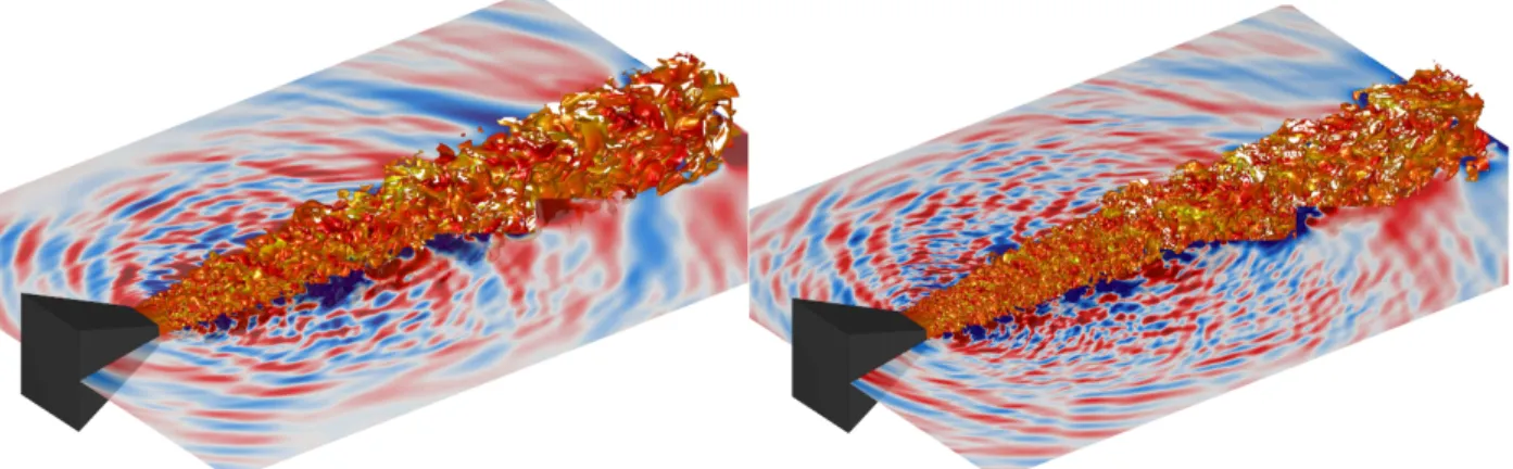 Figure 6. Isosurfaces of density for the cold jet JetTR1 with a (left) 40M nodes and (right) 160M nodes meshes