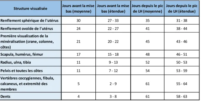 Tableau 2 : Chronologie de la visualisation de différentes structures par radiographie chez la chienne gestante par rapport  au pic de LH et à la mise bas