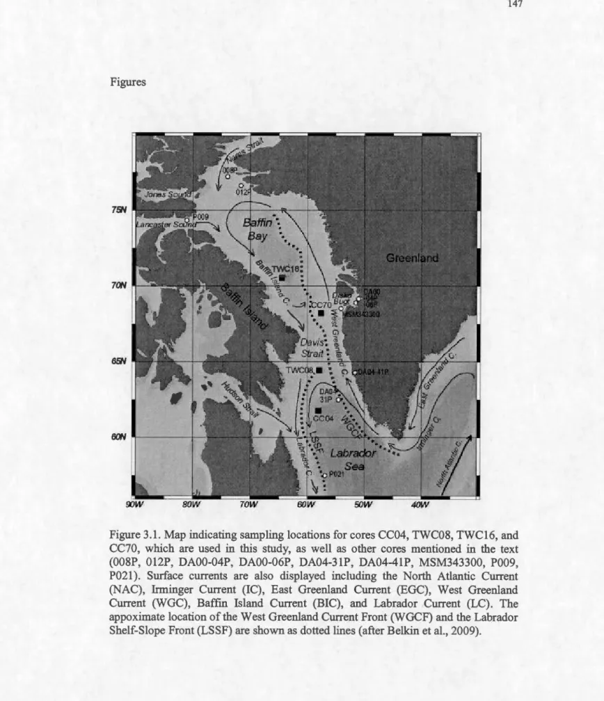 Figure 3  .1.  Map indicating sampling locations for cores CC04, TWC08, TWC  16, and  CC70,  which  are  used  in  this  study,  as  well  as  other  cores  mentioned  in  the  text  (008P,  012P,  DA00 -04P,  DA00-06P,  DA04-31P,  DA04-41P,  MSM343300,  P