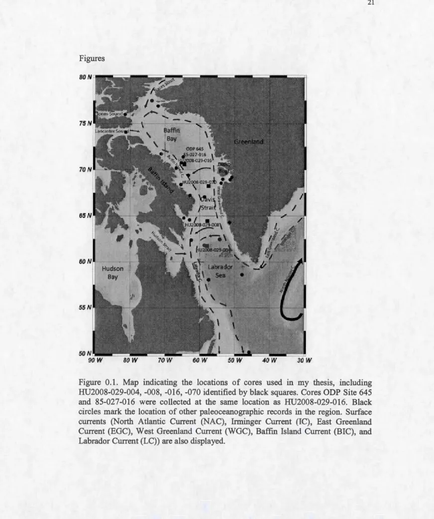 Figure  0.1.  Map  indicating  the  locations  of  cores  used  in  my  thesis,  including  HU2008-029-004, -008,  -016, -070  identified by  black  squares