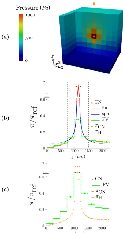 Figure 5.9: Comparison of pressure fields computed via hybrid and CN approaches. (a) The pressure field is displayed for the configuration involving a single centered coupling between an arteriolar vessel and a 6-regular capillary network