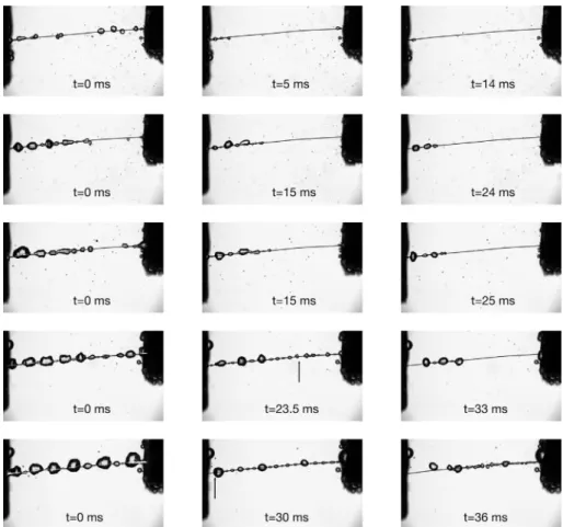 Fig. 12. Photographs of relaxation for tests 6 to 10; each line corresponds to one test; tests are ordered 6–10 and from top to bottom (top = test 6); t ¼ 0 corresponds to the end of the pulse; for tests 9 and 10, the arrows point to the initial position o