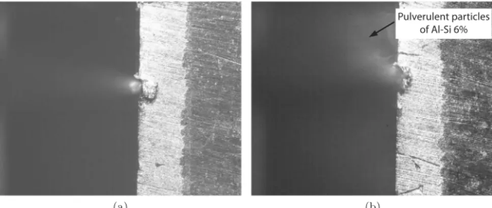 Fig. 14. Images of the inﬂuence of the labyrinth tip speed V t on the ejection of pulverulent particles of Al-Si-6%: a) V t = 17 m s · − 1 , b) V t = 130 m s · − 1 