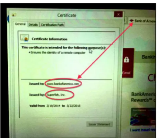 Figure 1: Bank of America’s certificate signed by Superfish instead of Verisign.