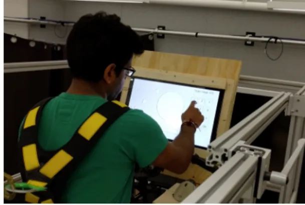 Figure 1: Experimental set up. Participants sat on a motion  platform and made selections using a touchscreen or trackball