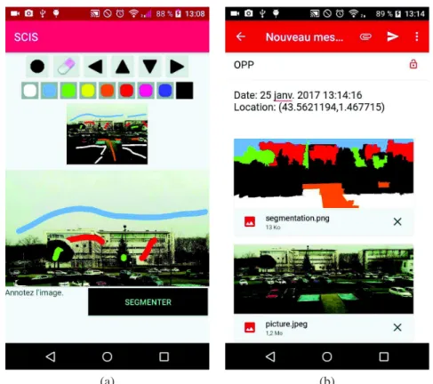 Figure 2. Application mobile : (a) segmentation et (b) envoi du résultat.