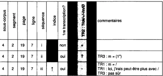 Tableau 14 - Tableur de compilation des annotations par les transcripteurs 