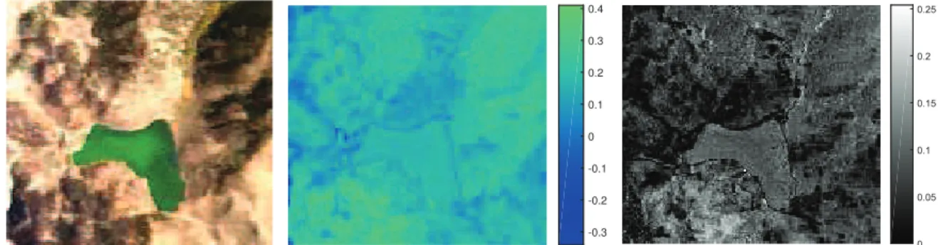 Fig. 3. (Left) Tahoe data set. (Middle) Estimated map ˆP. (Right) Sum of absolute differences between abundance maps estimated by LU and NLU.