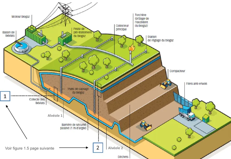 Figure 1.4 Exemple de coupe schématique du casier d’exploitation d’une ISD (inspiré de : SUEZ Environnement, s