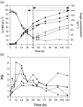 Figure 4. Fermentation proﬁle of (a) 2,3-BD and sugar concentrations, and (b) RQ during fed-batch fermentation with initial sugar  concentra-tion of 140 g L −1 