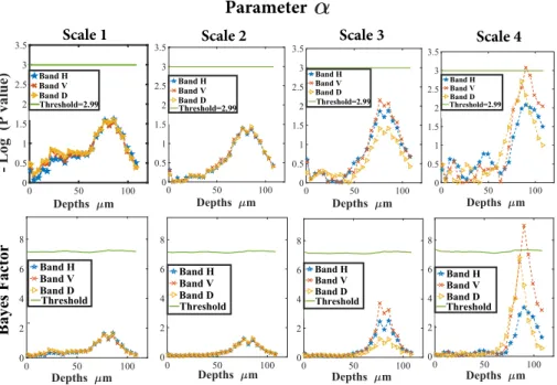 Fig. 8. P-value (in − log scale) and Bayes factor of the T test for α. The weak scores show that α is clearly not a discriminant between healthy and lentigo images.