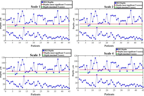 Fig. 10. Characteristics depths (found to be between 48um and 63um according to the T-test) and DEJ depths associated with the 45 patients.