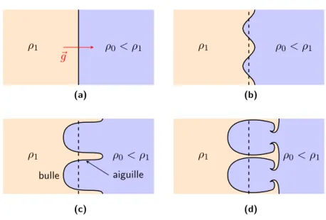 Figure 2.2 – Principe de formation de l’instabilité de Rayleigh-Taylor. Le trait discontinu représente la position initiale de l’interface.